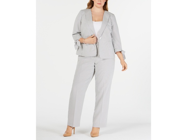 Le Suit Women's Plus Size Seersucker Tie-Cuff Pantsuit Gray Size 16