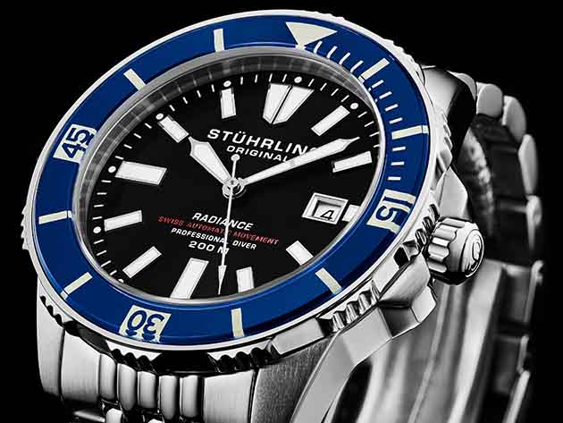 Stührling Radiance Swiss Automatic 43mm Dive Watch (Blue Dial/Black ...