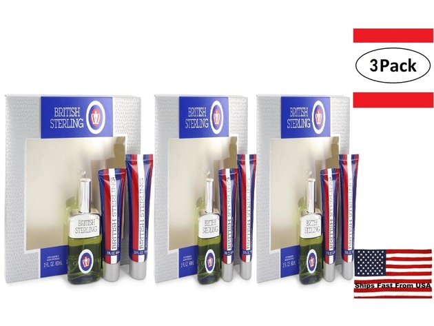 3 Pack BRITISH STERLING by Dana Gift Set -- 2.5 oz Cologne Spray + 2.5 oz Body Wash + 2 oz After Shave Balm for Men