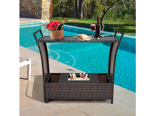 Costway Patio Rattan Bar Serving Cart Wheels Ice Bucket Glass Top Handle Garden - Brown