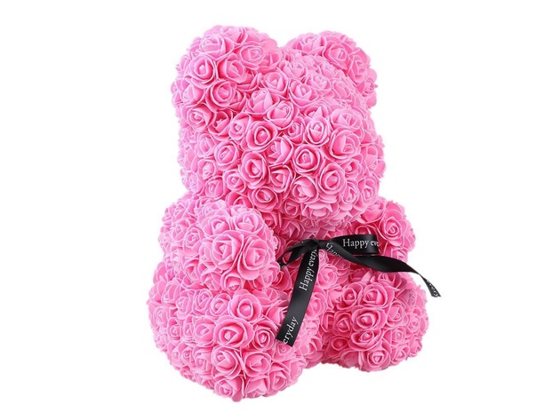 Homvare Foam Rose Teddy Bear 14" with Gift Box for Valentines Day, Anniversary and Birthday - Pink/Black