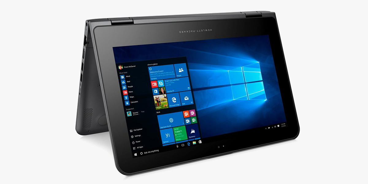 A tablet bent sideways showing a blue Windows screen