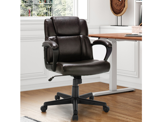 Costway Executive Leather Office Chair Adjustable Computer Desk Chair w/ Armrest - Brown