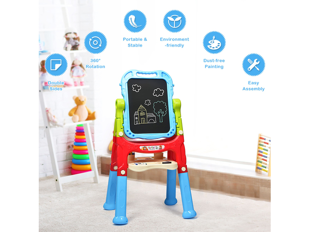 Costway Height Adjustable Kids Art Easel Magnetic Double Sided Board w/ Accessories Pink\Blue - Blue