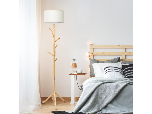 Costway Modern Wood Tripod Standing Floor Lamp Coat Rack for Living Room Bedroom - Wood Color