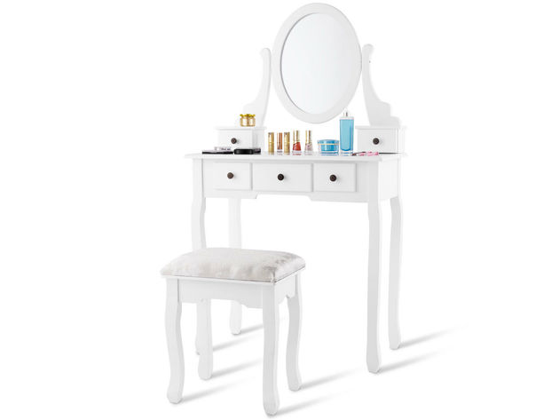Costway Makeup Desk Vanity Dressing Table Oval Stool 5 Storage Drawers - White