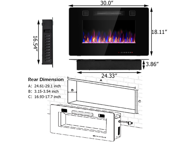 Costway 30'' Electric Fireplace Recessed Ultra Thin Wall Mounted Heater Multicolor Flame Black
