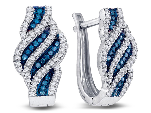 1/3 Carat (ctw I2-I3) White and Blue Diamond Spiral Stripe Earrings in 10K White Gold