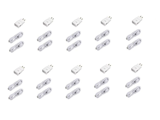 Samsung Fast Charging Adapter Travel Charger + (2) 5 foot Micro USB Data Cables  - White (10 Pack)