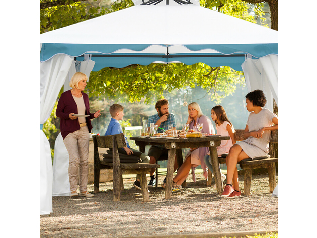Costway 2 Tier 10'x10' Patio Gazebo Canopy Tent Steel Frame Shelter Awning W/Side Walls White & Blue