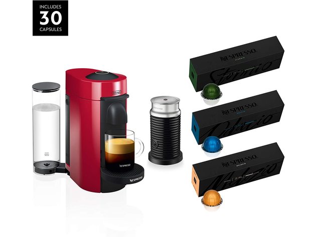 Nespresso VertuoPlus Coffee and Espresso Maker Bundle with Aeroccino Milk Frothe, Red (New Open Box)