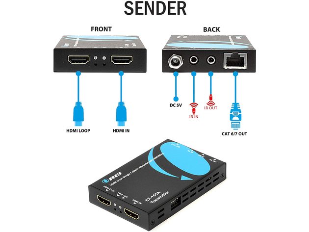 HDMI Extender Over CAT5/CAT6 by OREI Balun with ARC Audio Optical IR up to 164 Feet - Loop Out - 1080P Full HD Signal Distribution (EX-165A)