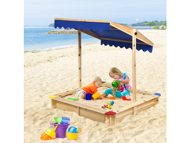 Costway Kids Wooden Sandbox Children Outdoor Playset w/ Convertible Canopy for Backyard