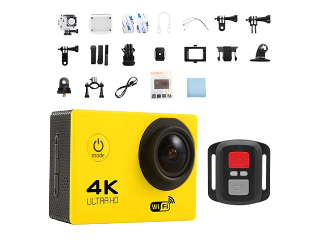 4K Action Camera with 8GB Memory Card & Waterproof Case (Yellow)