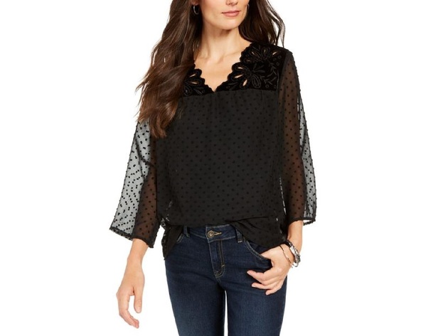 Style & Co Women's Mixed-Media Sheer-Sleeve Blouse Black Size Small