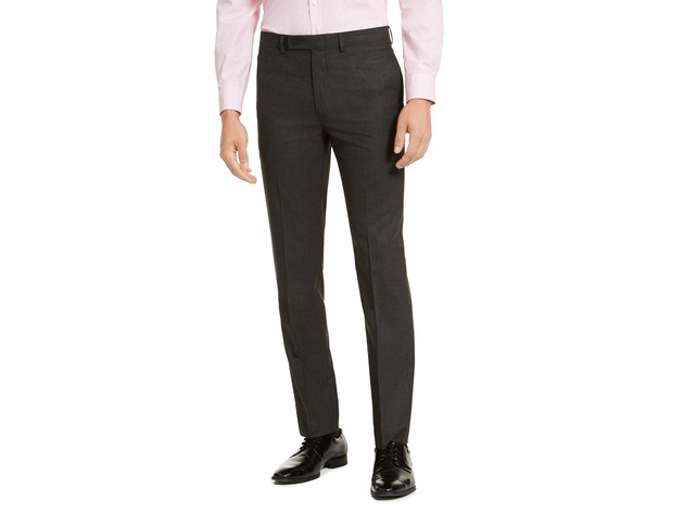Calvin Klein Men's Slim-Fit Stretch Mini-Grid Dress Pants Charcoal