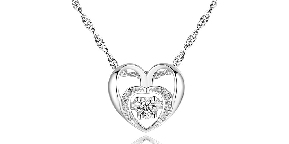 Double Heart Necklace with 18K White Gold Plating & Cubic Zirconia 