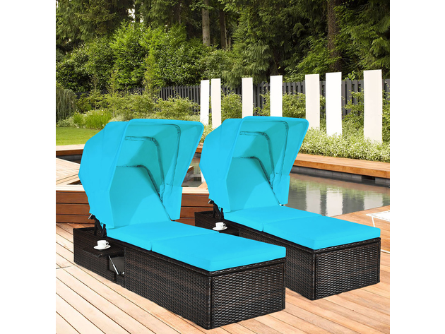 Costway 2 Piece Patio Rattan Lounge Chair Chaise Cushioned Top Canopy Adjustable Turquoise