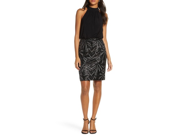 Vince Camuto Women's Halter Neck Geo Embellished Blouson Dress Black Size 4"