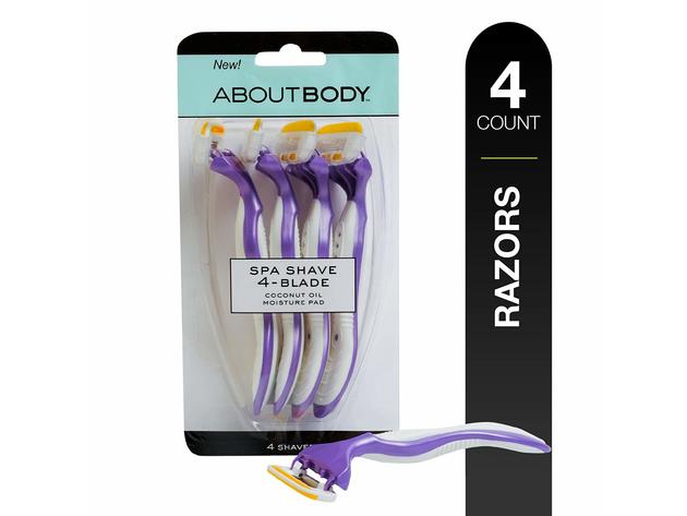 About Body Spa 4-Blade Delicate Disposable Shaving Razors with Coconut Oil Moisture Pad, 4 Razors per Pack
