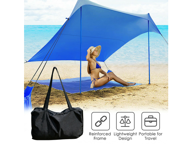 Costway Family Beach Tent Canopy w/ 4 Poles Sandbag Anchors 7'x7' UPF50+ - Blue
