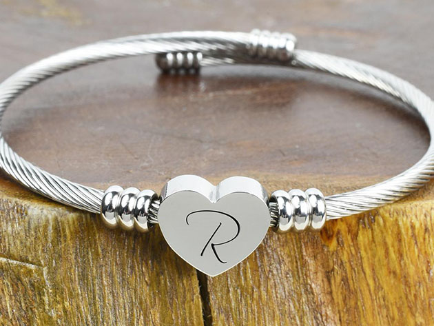 Heart Cable "R" Initial Bracelet