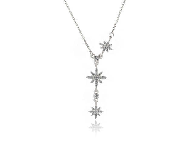Gold Three Star Lariat Necklace with White Diamond Cubic Zirconia