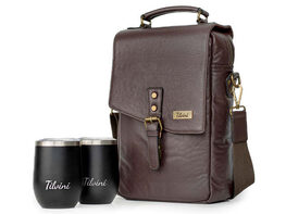 Brown Insulated Genuine Leather Wine Carrier Bag & 2 Wine Tumblers. Wine Cooler Bag For Women & Men