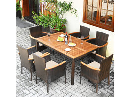 Costway 7 Piece Patio Rattan Dining Set Armrest Cushioned Chair Wooden Tabletop - Brown