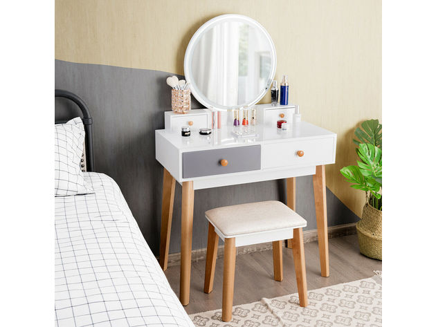 Costway Vanity Table 3 Color Lighting Modes MakeUp Stool Jewelry - White