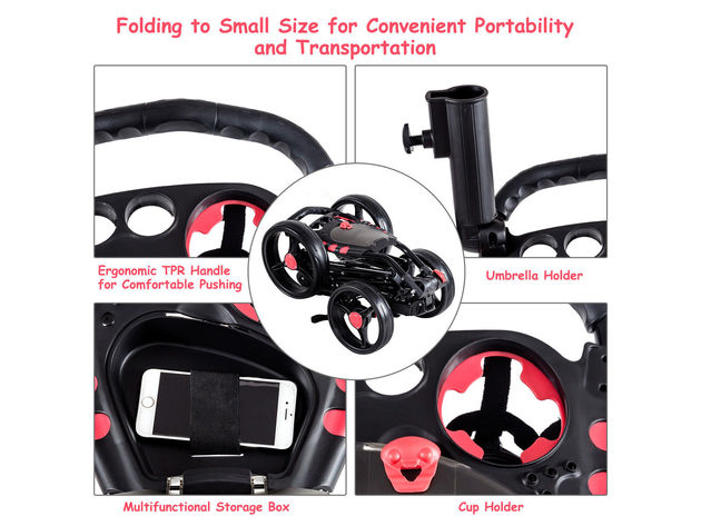 Costway Folding 4 Wheel Golf Pull Push Cart Trolley Club Umbrella Scorecard Drink Holder 