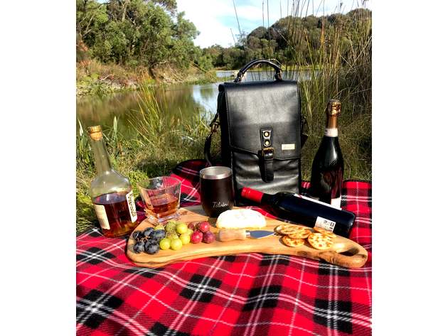 Black Insulated Genuine Leather Wine Carrier Bag & 2 Wine Tumblers. Wine Cooler Bag For Women & Men