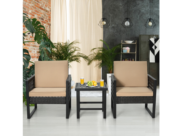 Costway 3 Piece Patio Rattan Bistro Furniture Set Cushioned Sofa Chair Coffee Table Garden