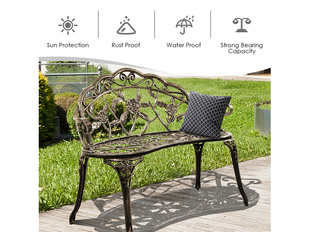 Costway Outdoor Garden Bench Chair Loveseat Cast Aluminum Patio Antique Rose - Accented Bronze