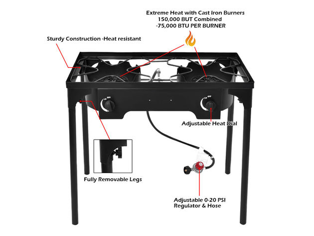 Costway Double Burner Gas Propane Cooker Outdoor Camping Picnic Stove Stand BBQ Grill - Black