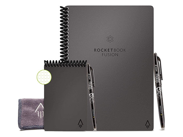 Light Blue, Letter Rocketbook Fusion Smart Reusable Notebook Bundle with 5 Pens and 1 Microfiber Cloth Included 