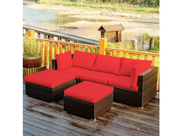 Costway 5 Piece Patio Rattan Furniture Set Sectional Conversation Set Ottoman Table Red 