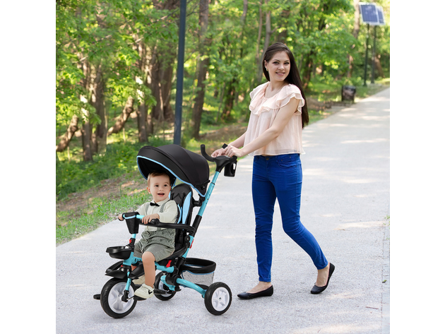 Costway 6-In-1 Kids Baby Stroller Tricycle Detachable Learning Toy Bike w/ Canopy Pink\Blue\Gray - Blue