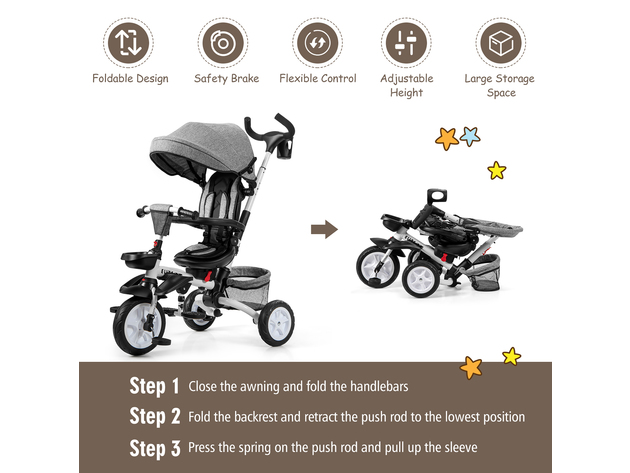 Costway 6-In-1 Kids Baby Stroller Tricycle Detachable Learning Toy Bike w/ Canopy Pink\Blue\Gray - Gray