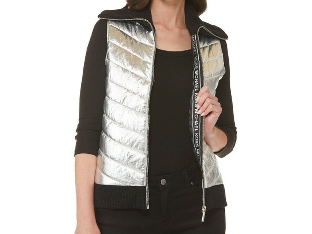 Michael Kors Women's Sweater-Back Puffer Vest Silver Size Extra Small