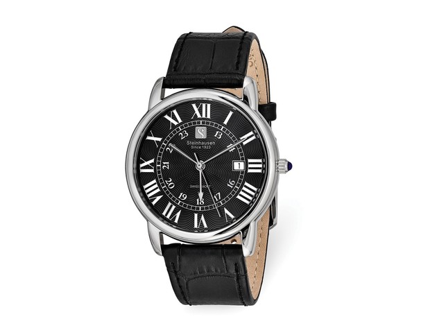 Steinhausen Mens Delemont Stainless Steel Black Dial Black Strap Watch