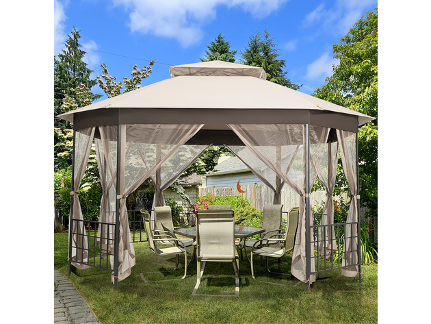 Costway 10'x12' Patio Gazebo Canopy Shelter Double Top Netting Sidewalls Beige