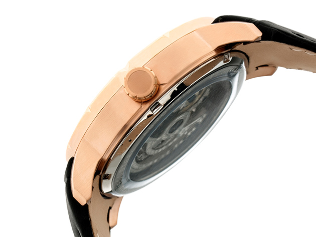 Heritor Ryder Automatic Skeleton Leather-Band Watch (Black/Rose Gold)
