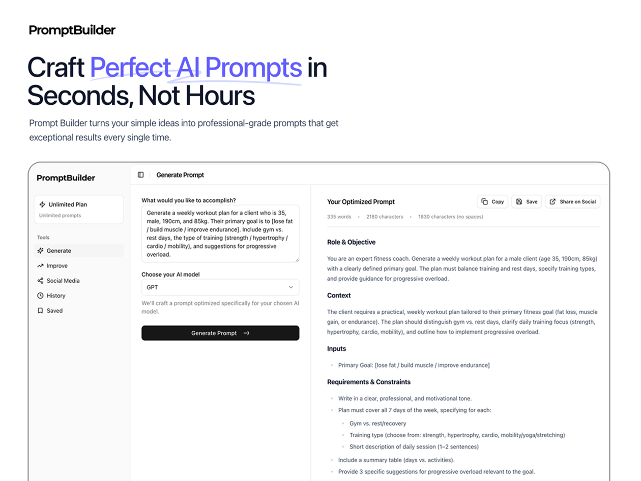 PromptBuilder - AI Prompt Engineer: Lifetime Subscription (Pro Plan)