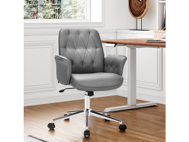 Costway Modern Home Office Leisure Chair PU Leather Adjustable Swivel w/ Armrest - Gray