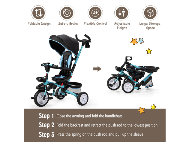 Costway 6-In-1 Kids Baby Stroller Tricycle Detachable Learning Toy Bike w/ Canopy Pink\Blue\Gray - Blue