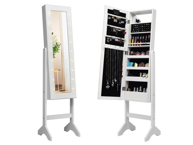 Costway Mirrored Jewelry Cabinet Organizer 18 LED lights White