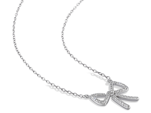 Bow Ribbon Pendant Necklace in Sterling Silver with Chain with Accent Diamonds