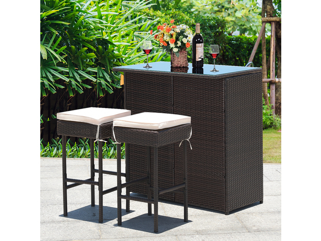 Costway 3 Piece Patio Rattan Wicker Bar Table Stools Dining Set Cushioned Chairs Garden - Brown