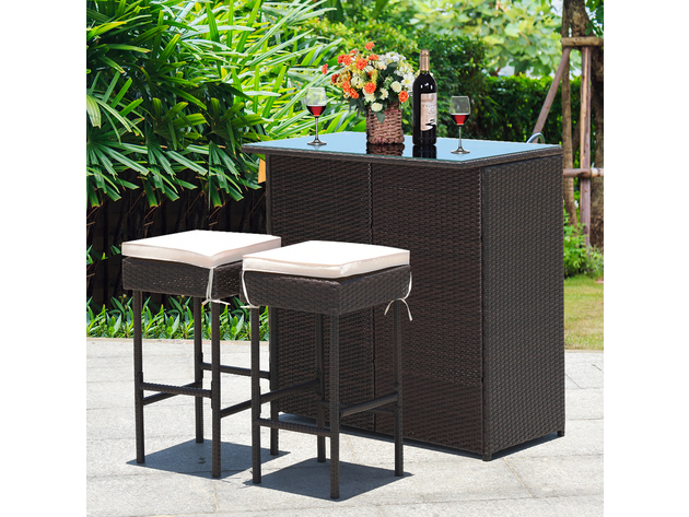 Costway 3 Piece Patio Rattan Wicker Bar Table Stools Dining Set